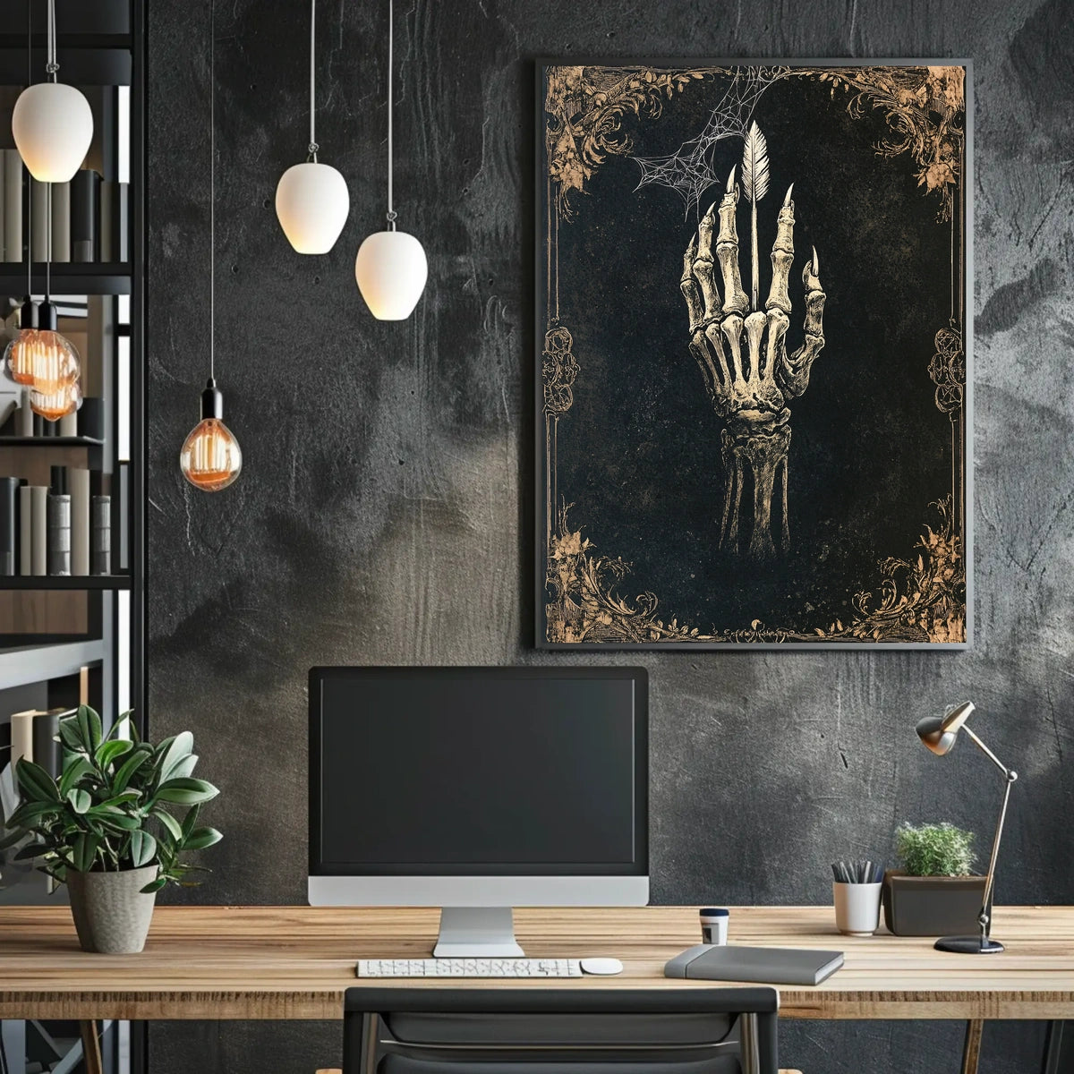 Gothic Skeletal Hand Feather Artwork - Abstract, Artistic Poster