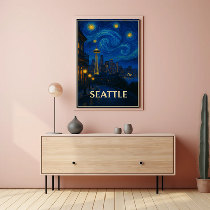Seattle Space Needle Starry Night Skyline Glow Travel Poster