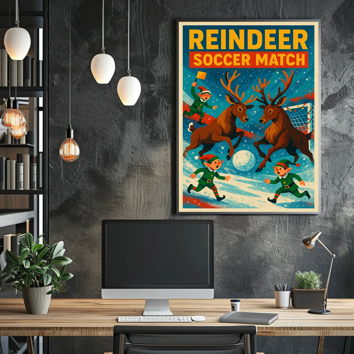 Reindeer Soccer Match Vintage Holiday Poster