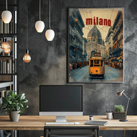 Vintage Tram Scene in Historic Milan Urban or Cityscape Poster