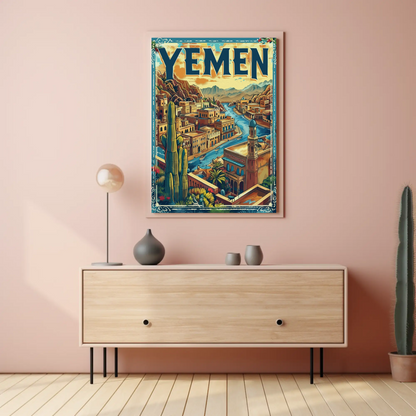 Yemen Traditional Architecture River Valley Travel Poster