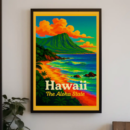 Hawaii Aloha State Colorful Coastline Travel Poster