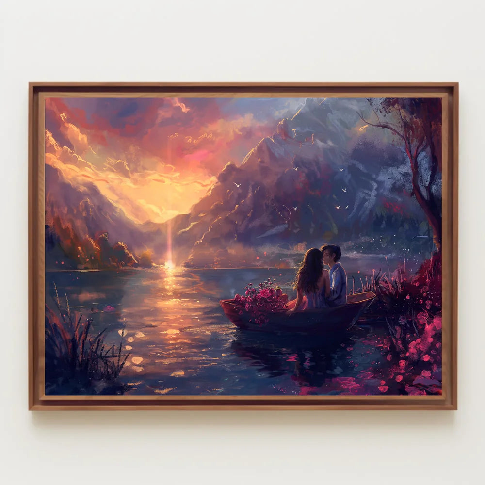 Romantic Sunset Lake Scene: Love in Bloom Poster