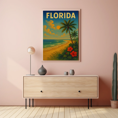 Florida Beach Palm Trees Hibiscus Flowers Travel Poster