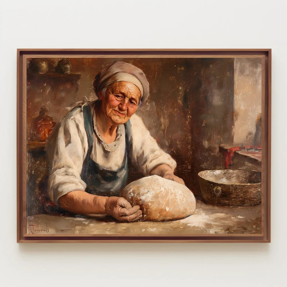 Timeless Rural Life: Elderly Woman Kneading Dough