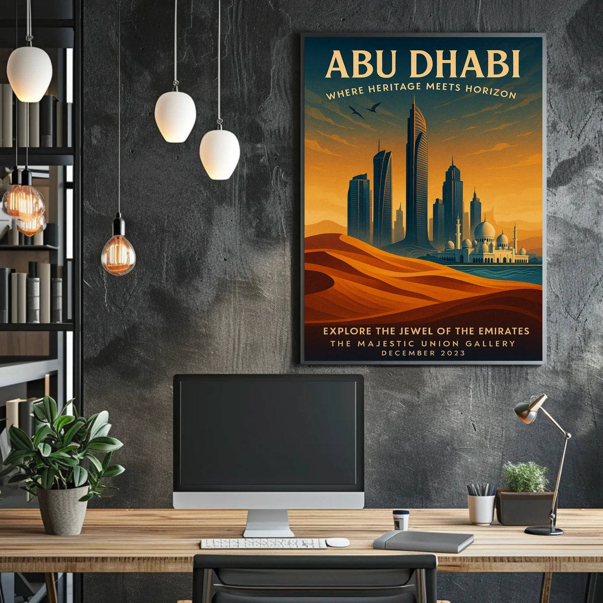 Abu Dhabi skyline and heritage illustrated urban cityscape poster
