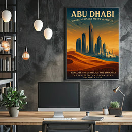 Abu Dhabi skyline and heritage illustrated urban cityscape poster