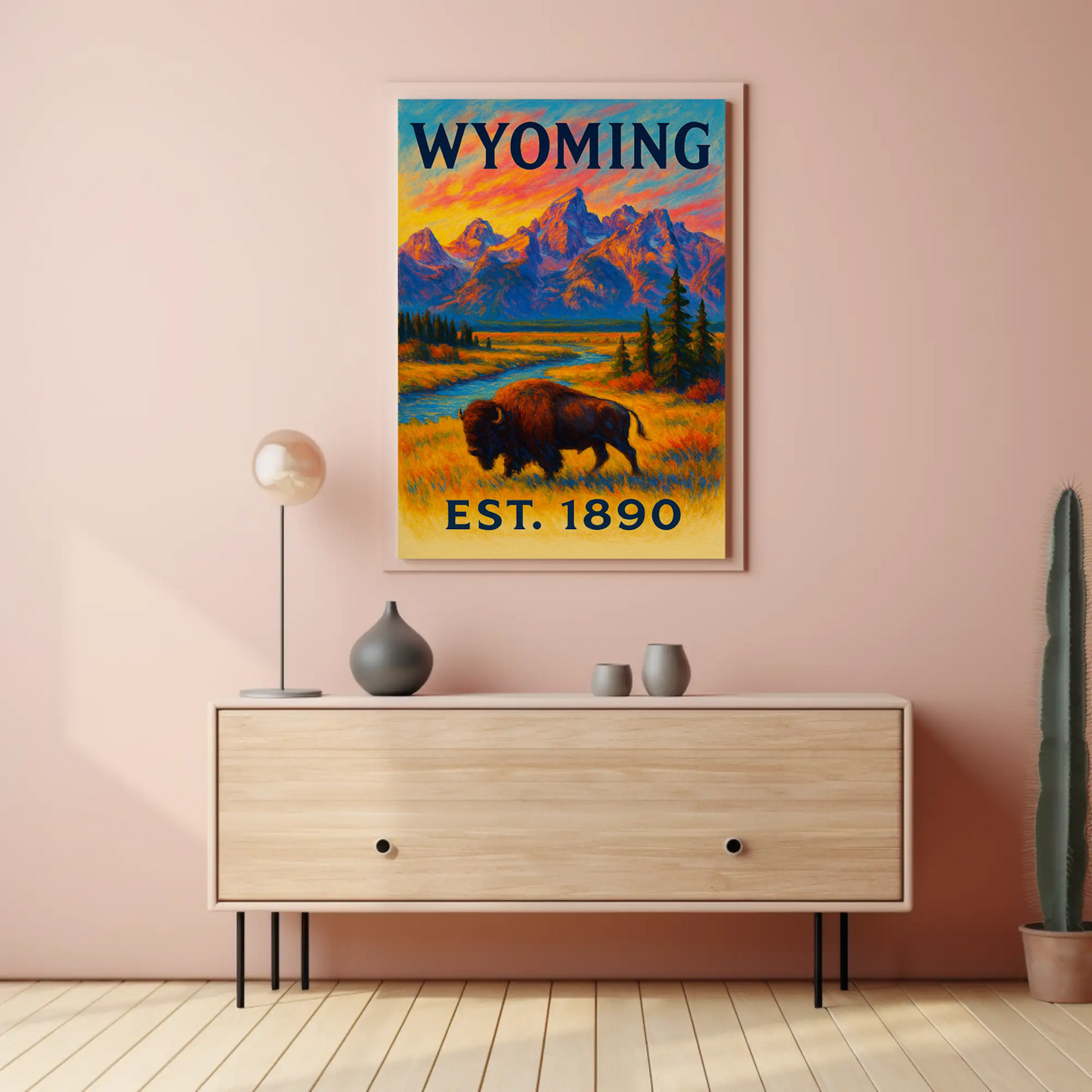 Wyoming Bison Mountains Sunset Vibrant Scenic Travel Poster