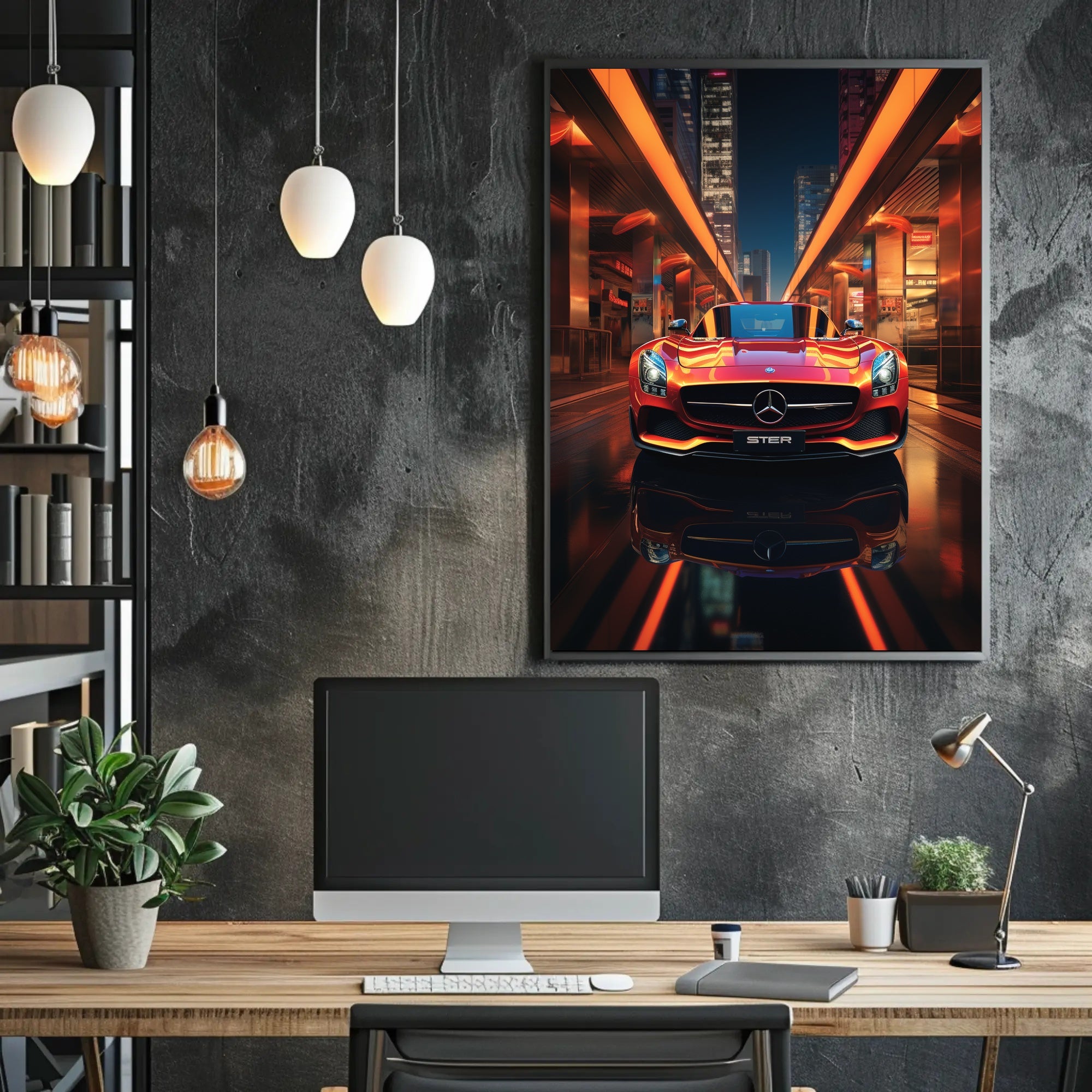 Luxury Sports Car in Vibrant Urban Night Futuristic Sci-Fi Poster