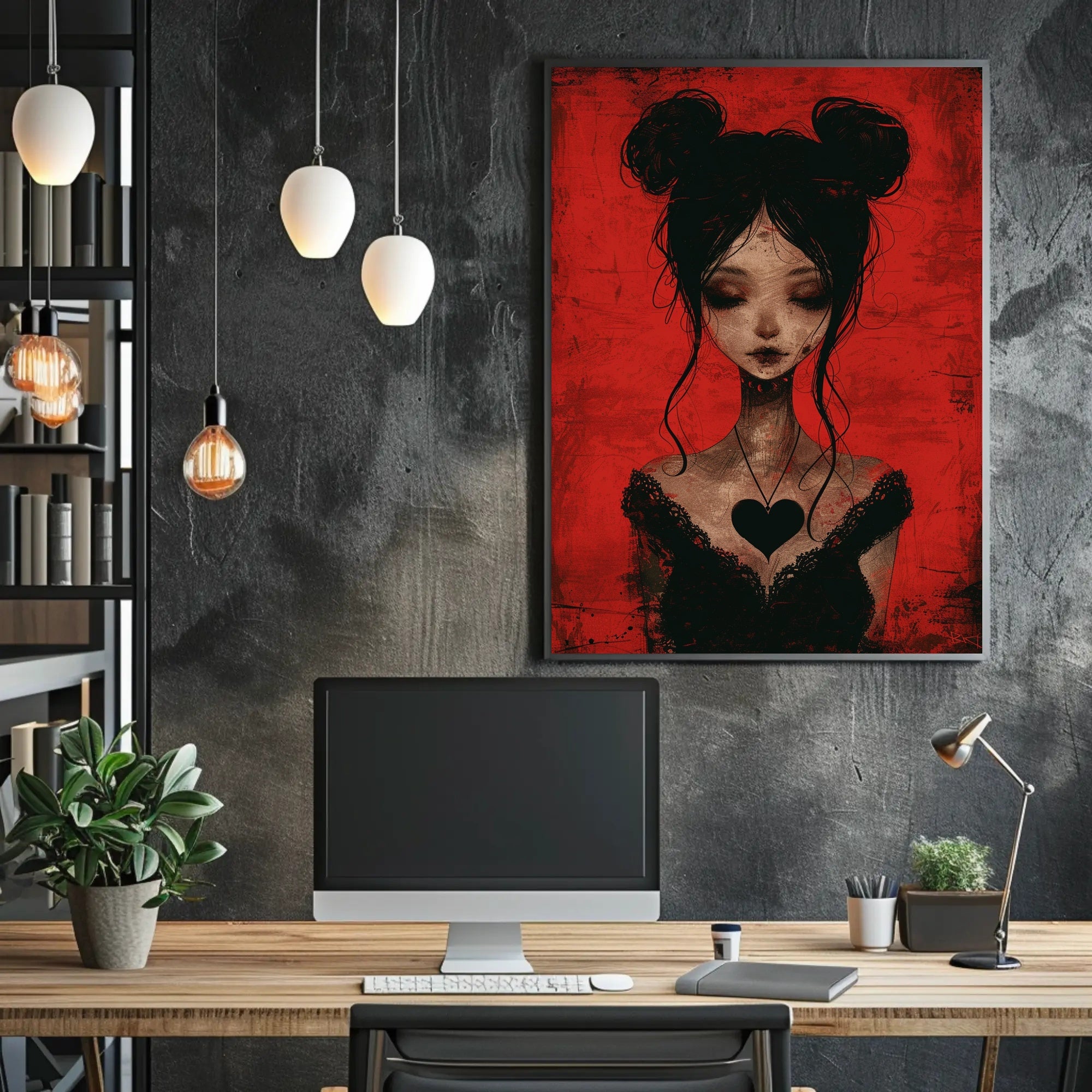 Gothic Red Background Somber Female Character Poster PosterGoat