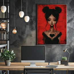 Gothic Red Background Somber Female Character Poster PosterGoat