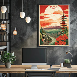 Vintage Travel Poster Featuring Japan's Mount Fuji and Pagoda