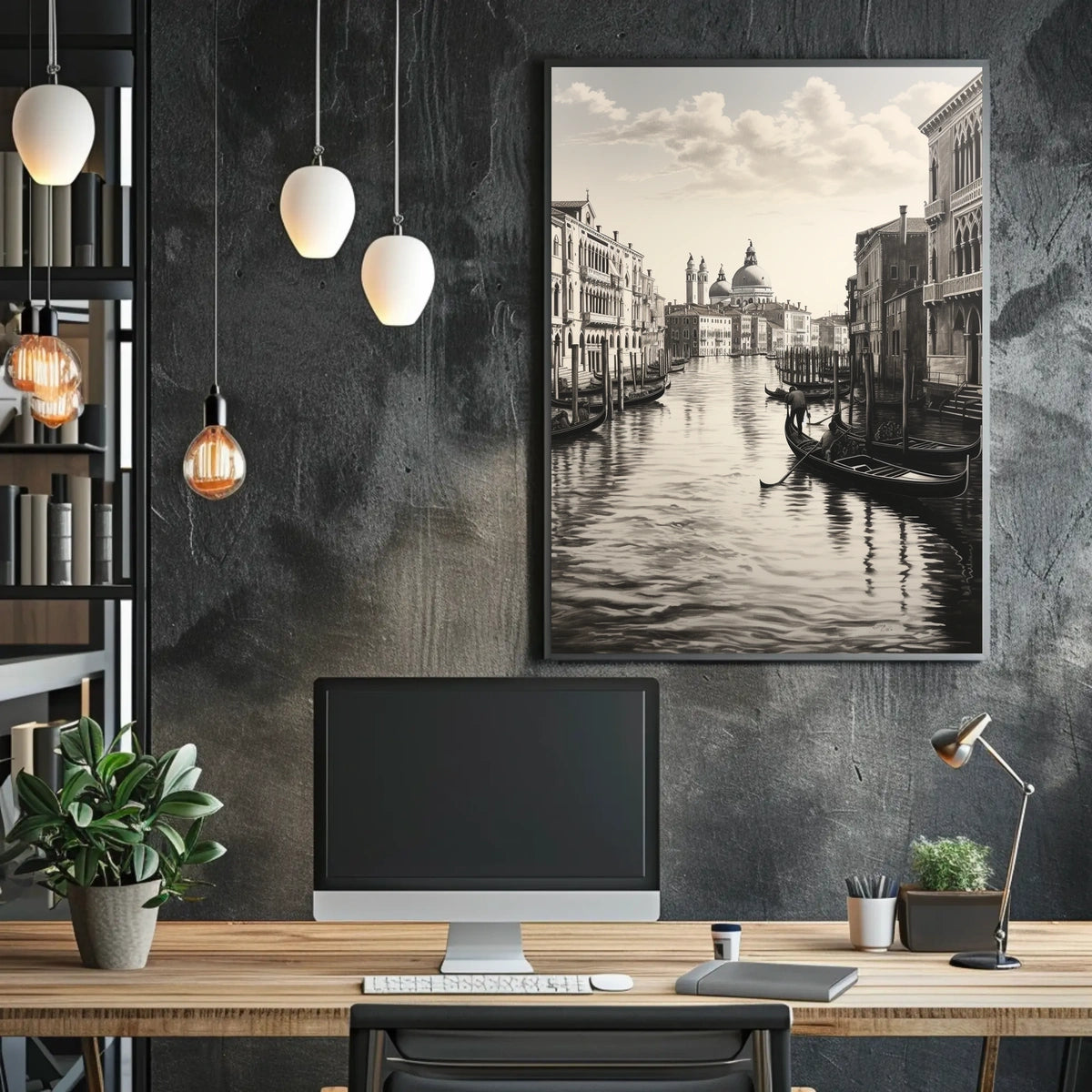 Venice's Grand Canal: Serene Black-and-White Travel Poster