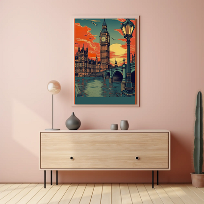 Big Ben London Sunset River Bridge Travel Poster