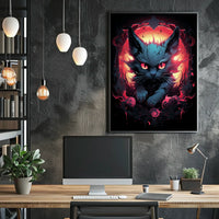 The poster features a striking, surreal illustration of a cat with intense, glowing Travel Poster