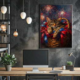 Brown Tabby Cat Curling Up Inside A Woven Basket Poster