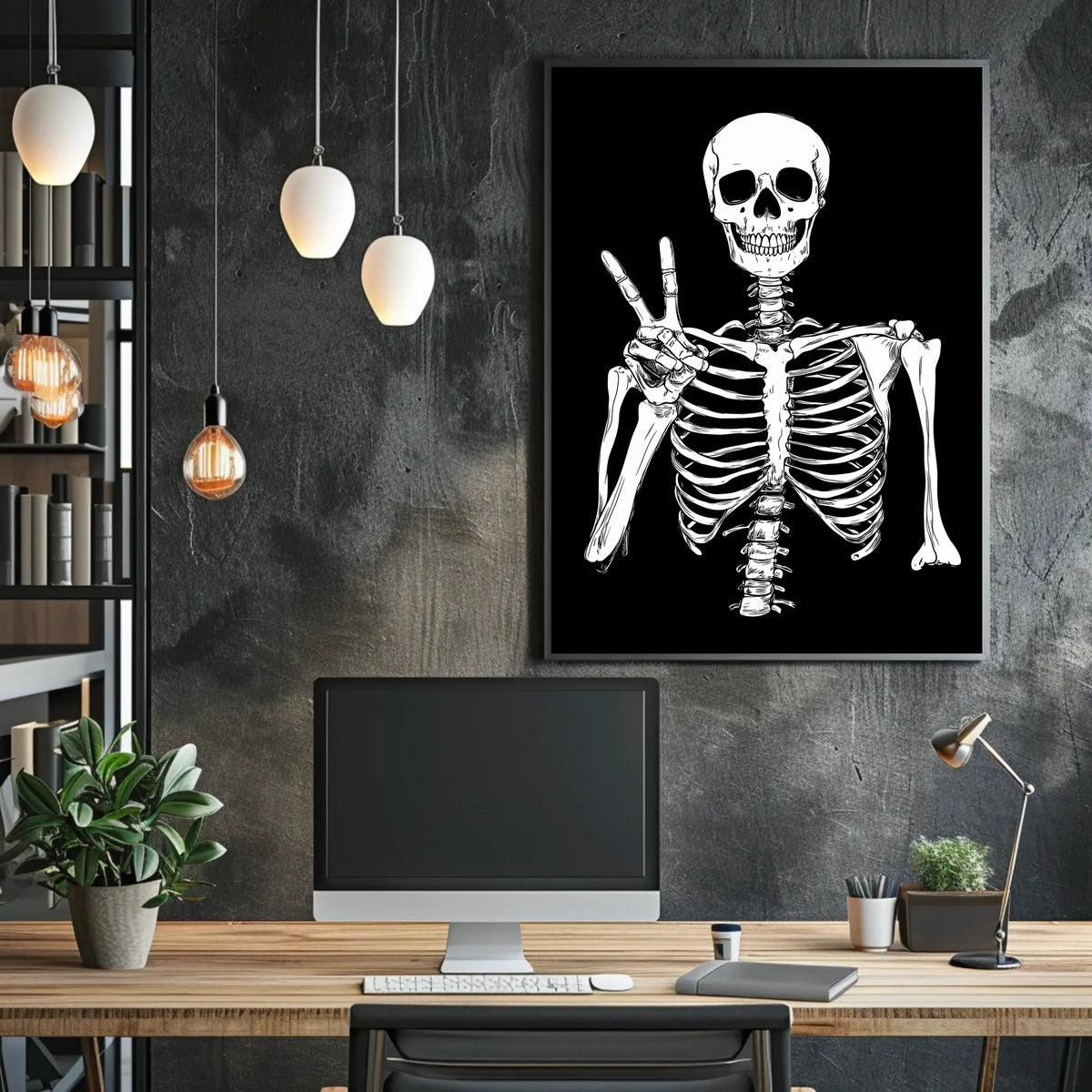Skeleton Peace Sign Black Background Monochromatic Poster