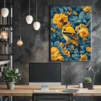 Golden Songbird Wall Art Amidst Blossoms