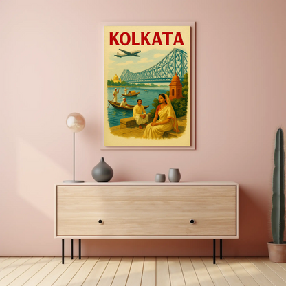 Kolkata India Bridge River Culture Scene Poster