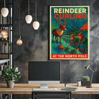 Reindeer Curling at the North Pole Poster
