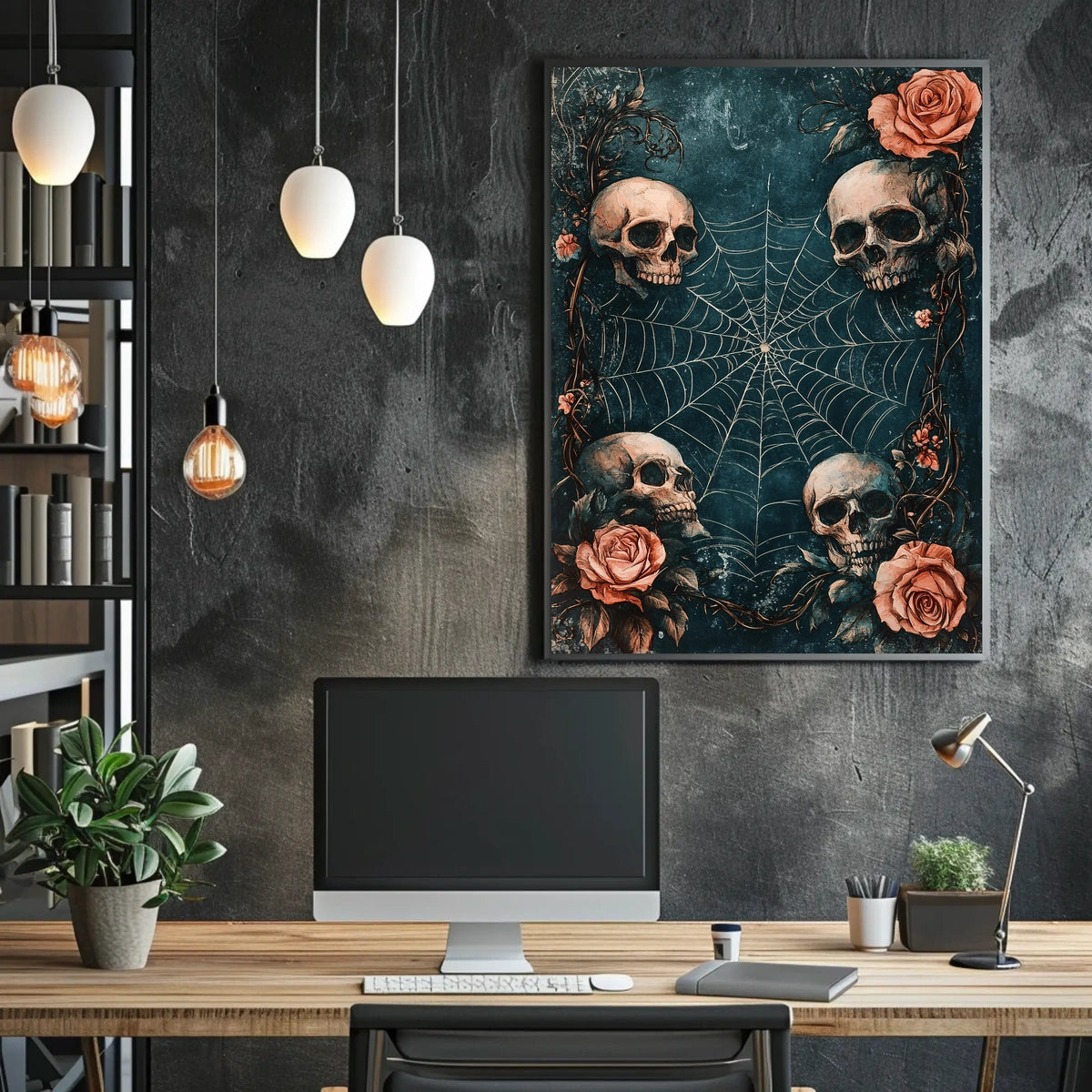 The poster has a gothic and macabre theme, featuring four human skulls arranged Travel Poster