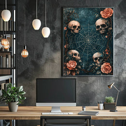 The poster has a gothic and macabre theme, featuring four human skulls arranged Travel Poster