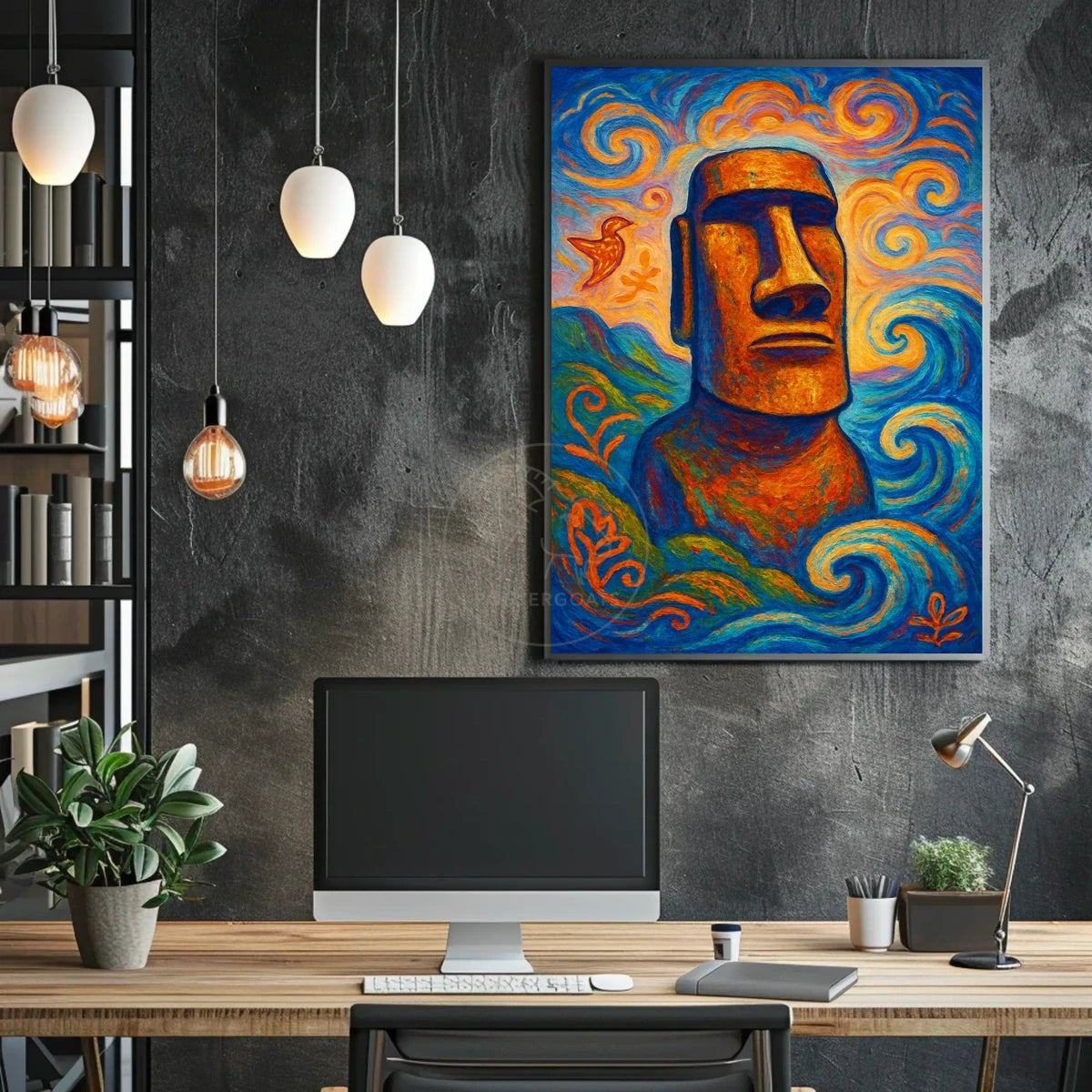 Moai Statue with Mystical Waves Abstract or Artistic Poster