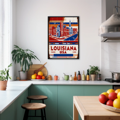 Louisiana USA French Quarter Street Vintage Maroon Travel Poster