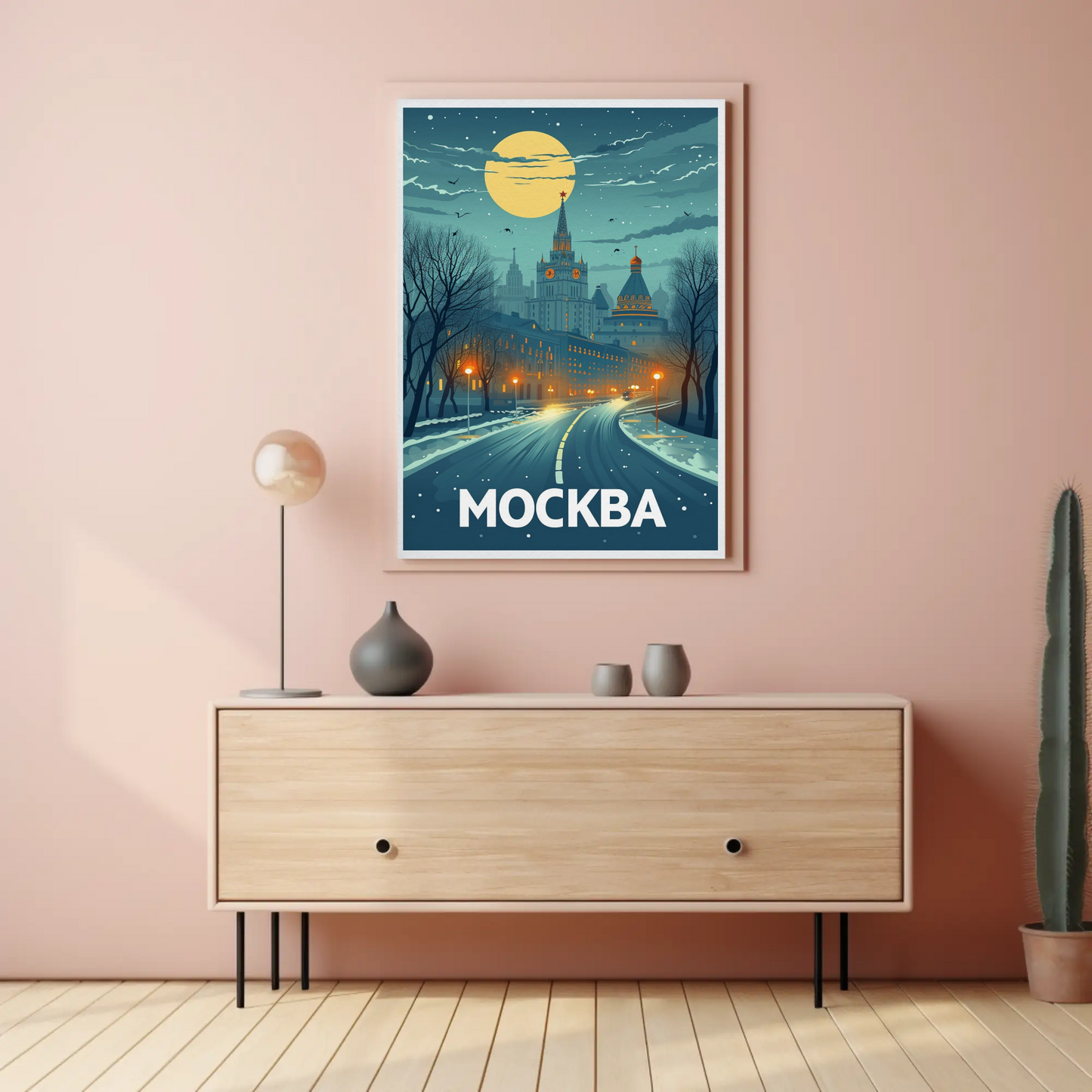 Moscow Russia Winter Night Skyline Travel Poster