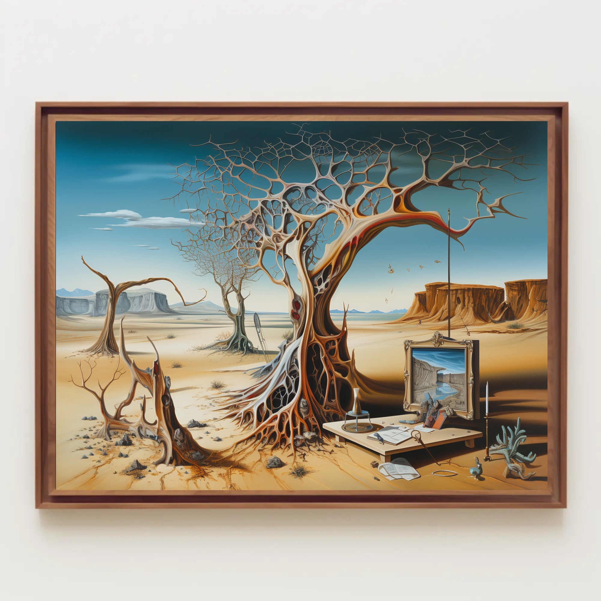 Surreal Desert Artwork with Abstract Tree: Artistic Poster