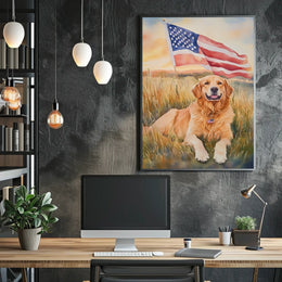 Golden Retriever Lying In Sunset Field Portrait Poster