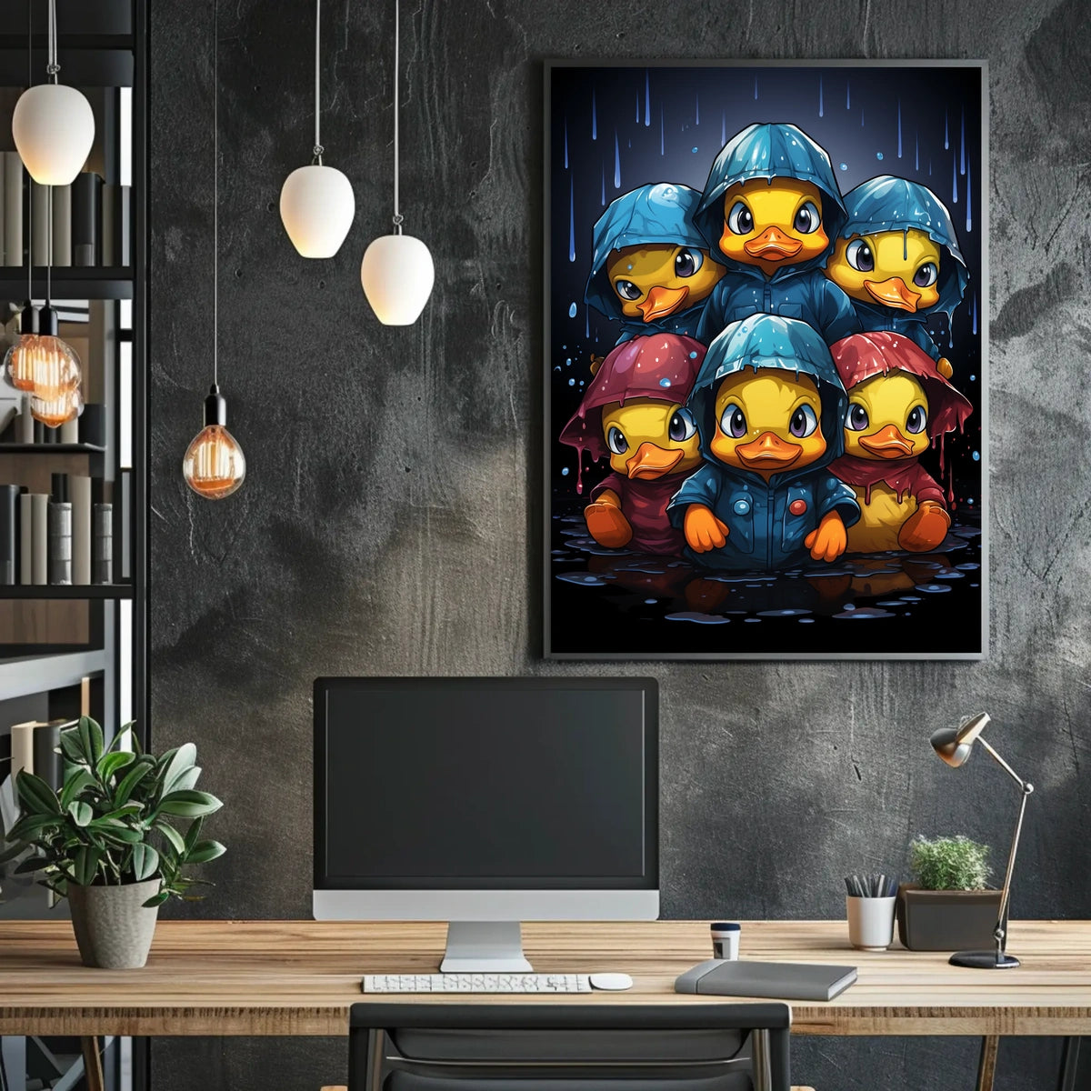 Playful Ducks in Raincoats Whimsical Art Poster