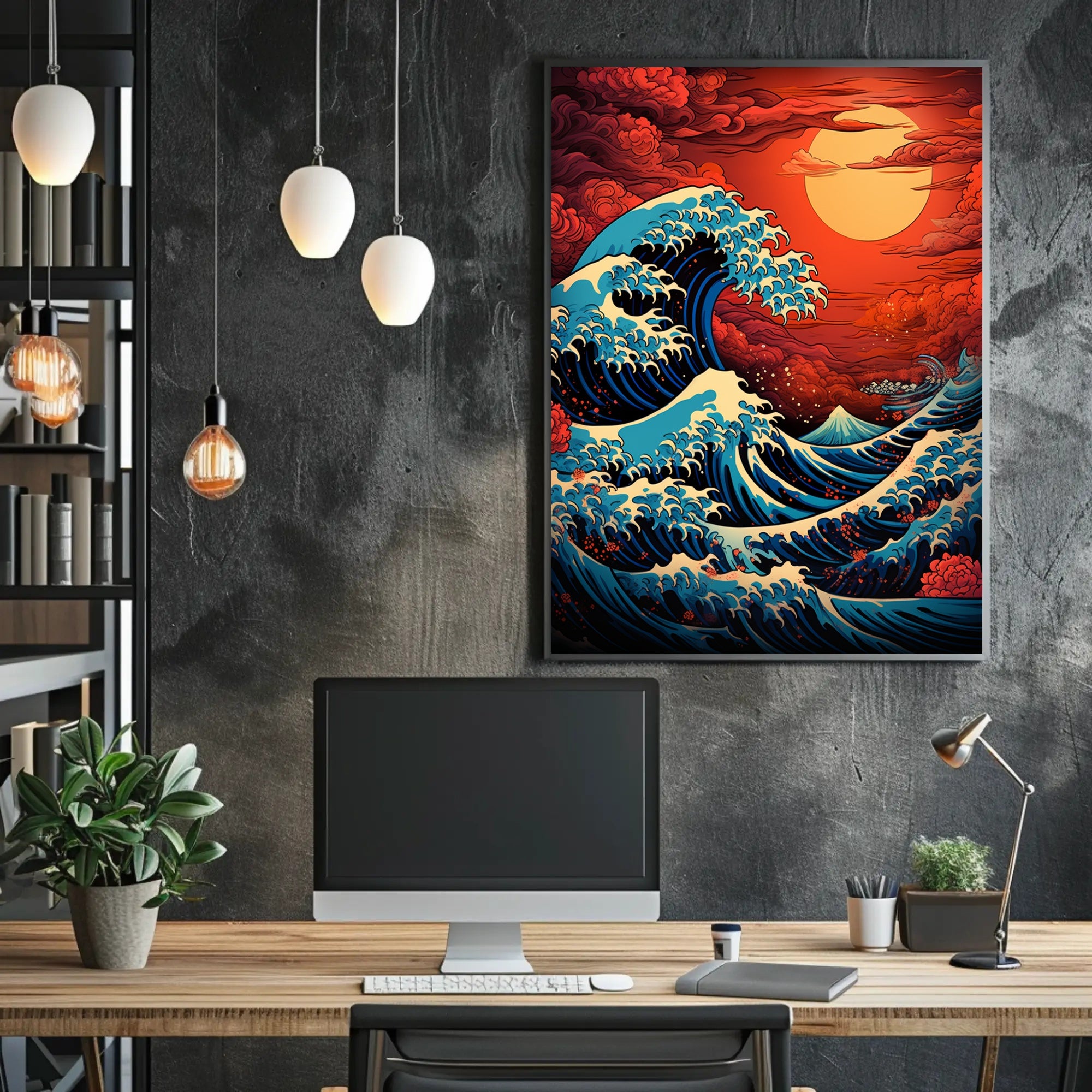 The Great Wave And Fiery Sky Poster PosterGoat