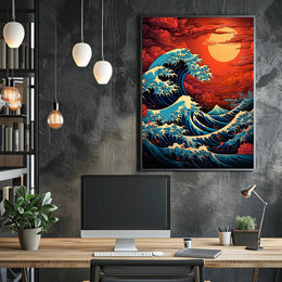 The Great Wave And Fiery Sky Poster PosterGoat