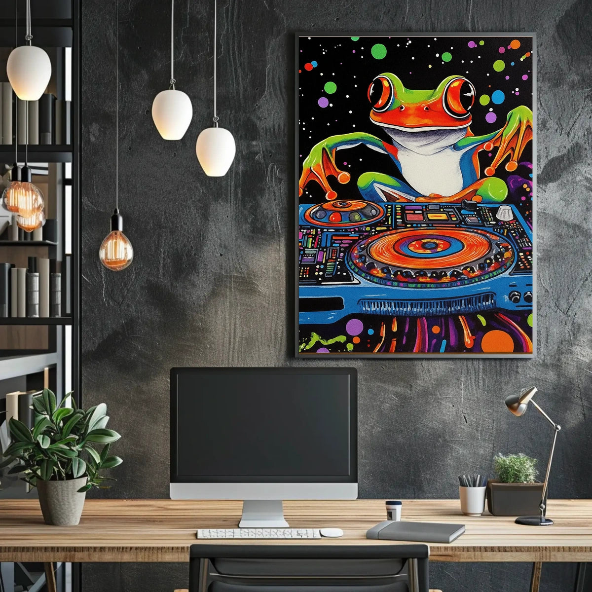 Colorful Frog DJ Vibes in Psychedelic Abstract Poster
