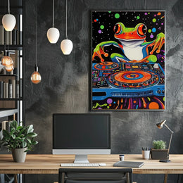 Colorful Frog DJ Vibes in Psychedelic Abstract Poster