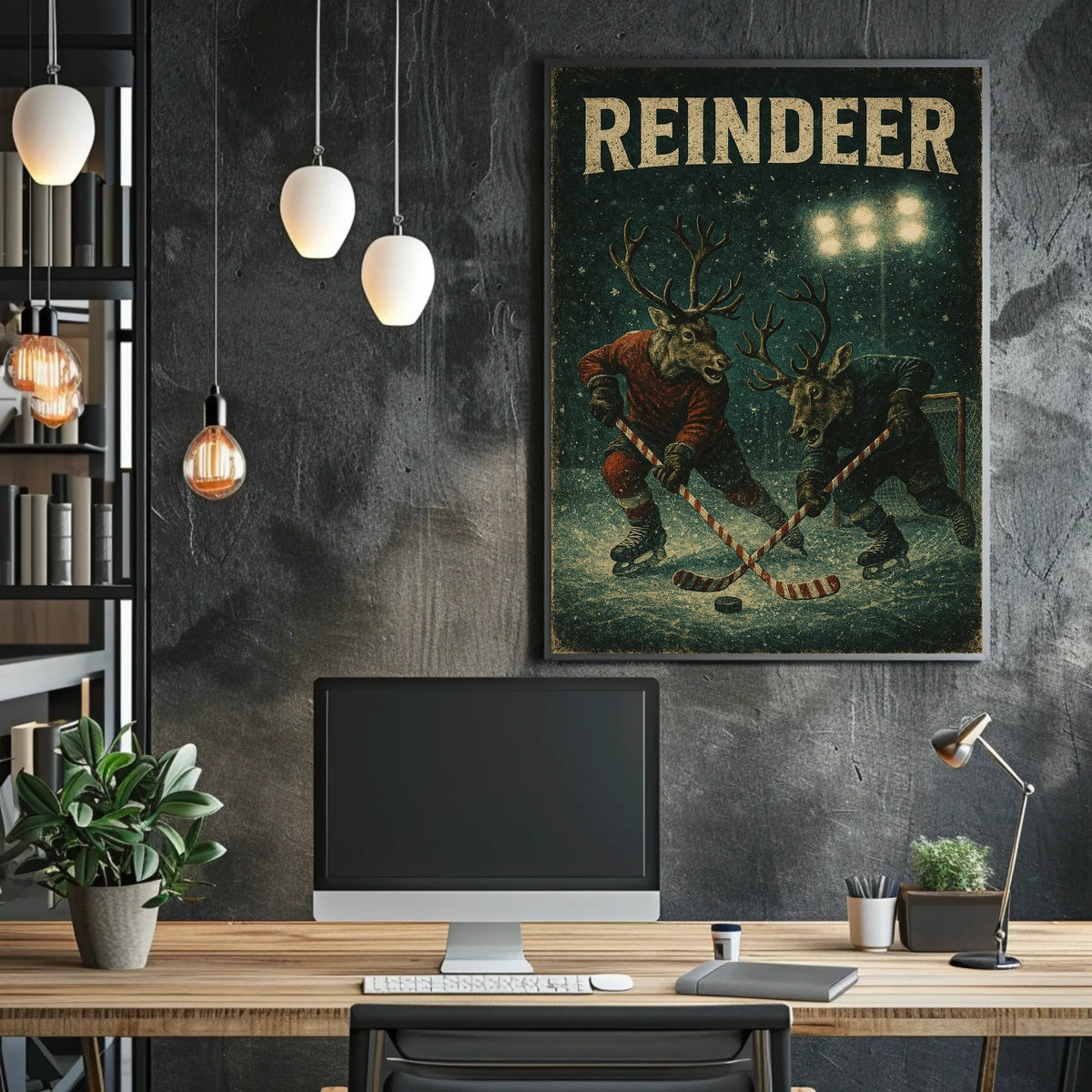 Festive Reindeer Ice Hockey Match - Fantasy or Mythology Poster