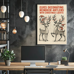 Elves Decorating Reindeer Antlers Poster