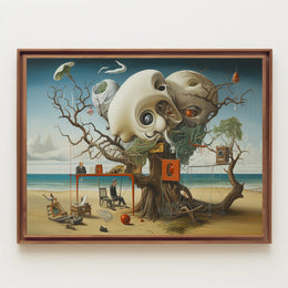 This surreal poster depicts a fantastical scene on a beach setting. Dominating the Travel Poster