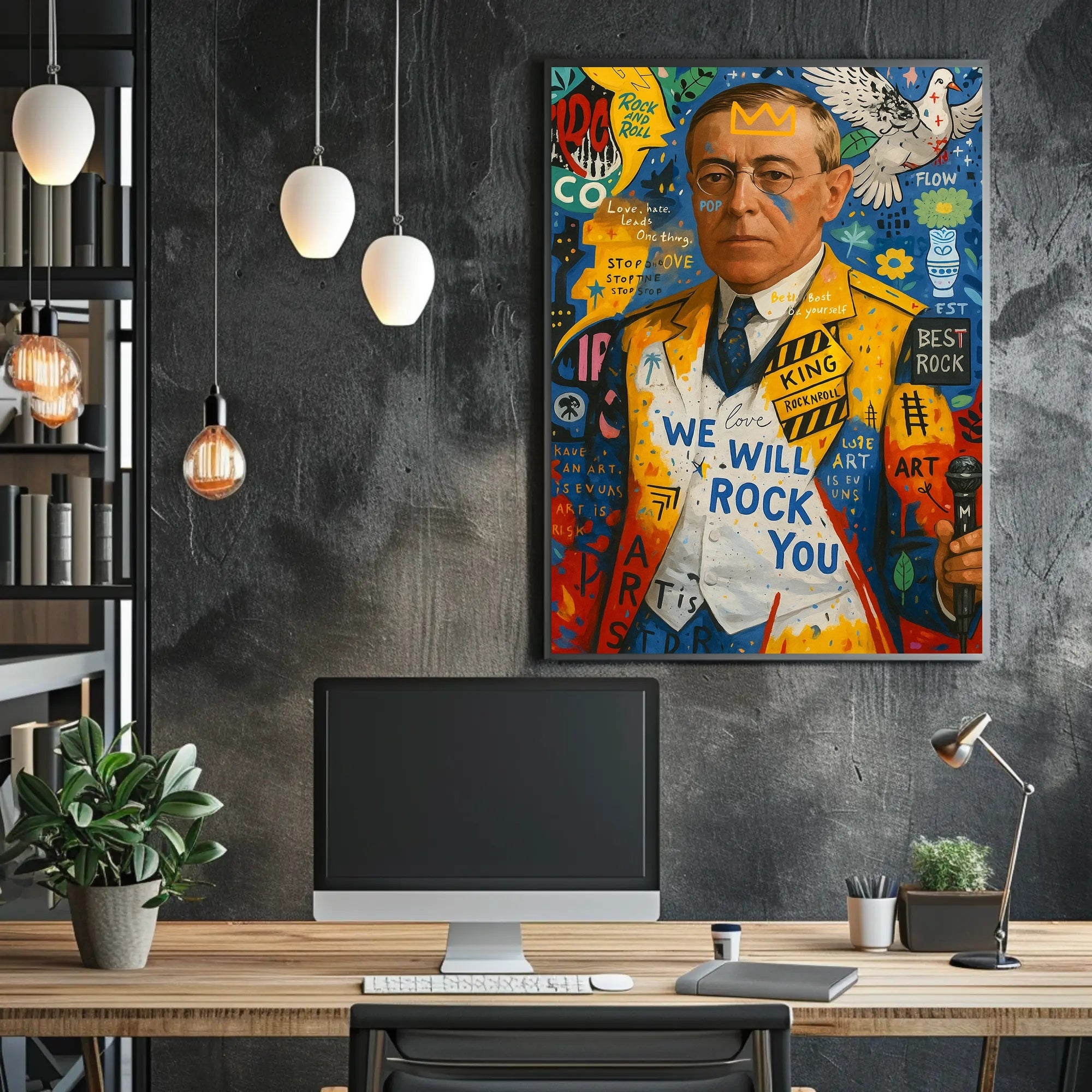 Colorful Artistic Pop Culture Poster with Dynamic Visual Elements