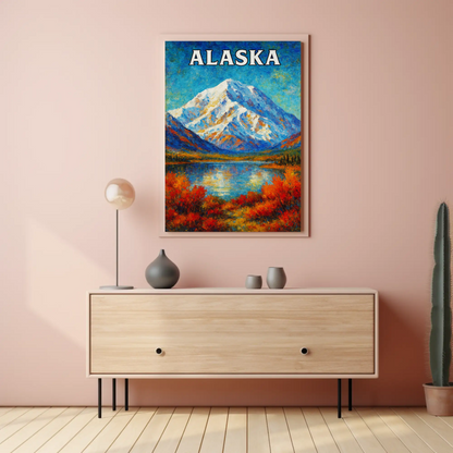 Alaska Mountain Reflection Autumn Foliage Lake Travel Poster