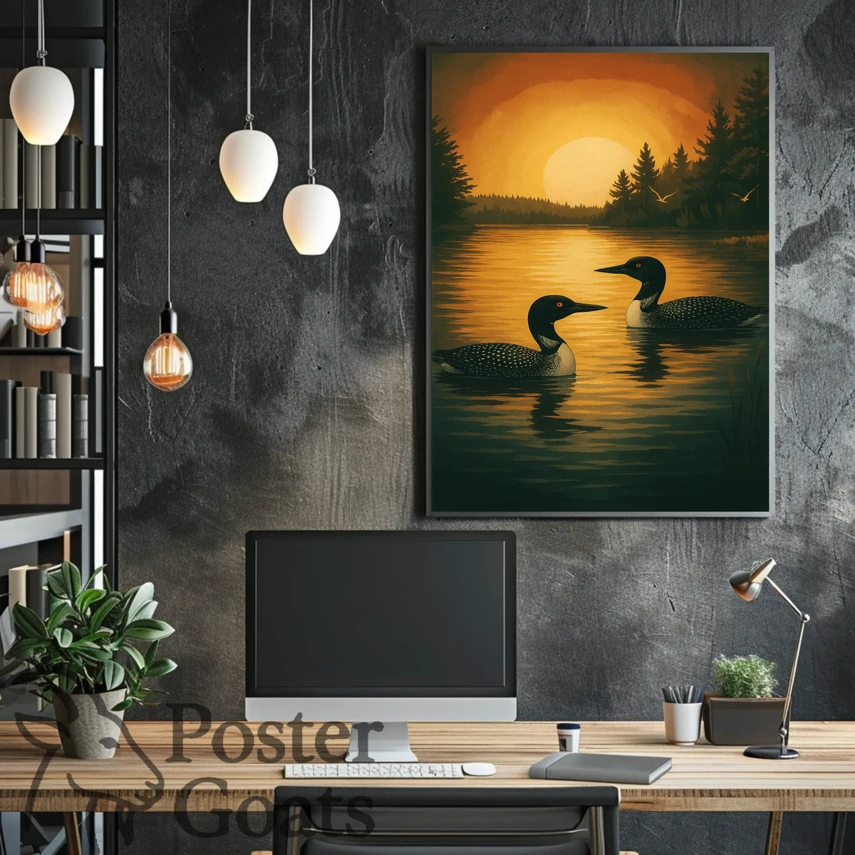 Serene Lake Scene with Loons and Sunset - Animal Poster