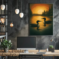 Serene Lake Scene with Loons and Sunset - Animal Poster