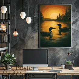 Serene Lake Scene with Loons and Sunset - Animal Poster