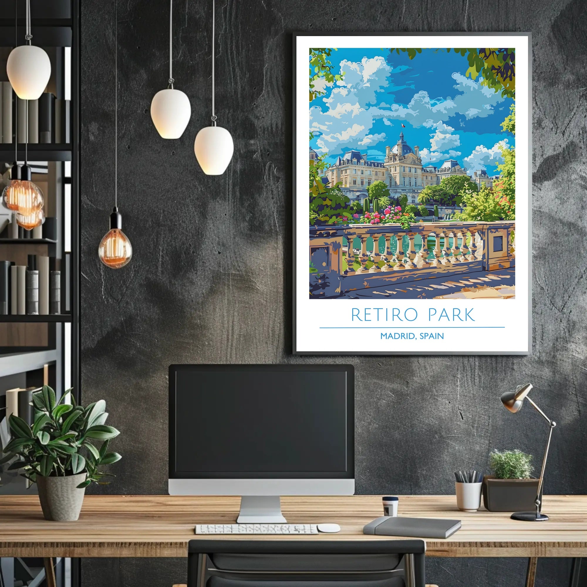 Retiro Park in Madrid vibrant travel illustration poster
