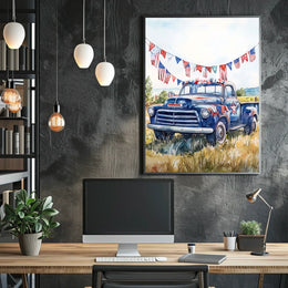 pickup truck parked in a sunny field Poster