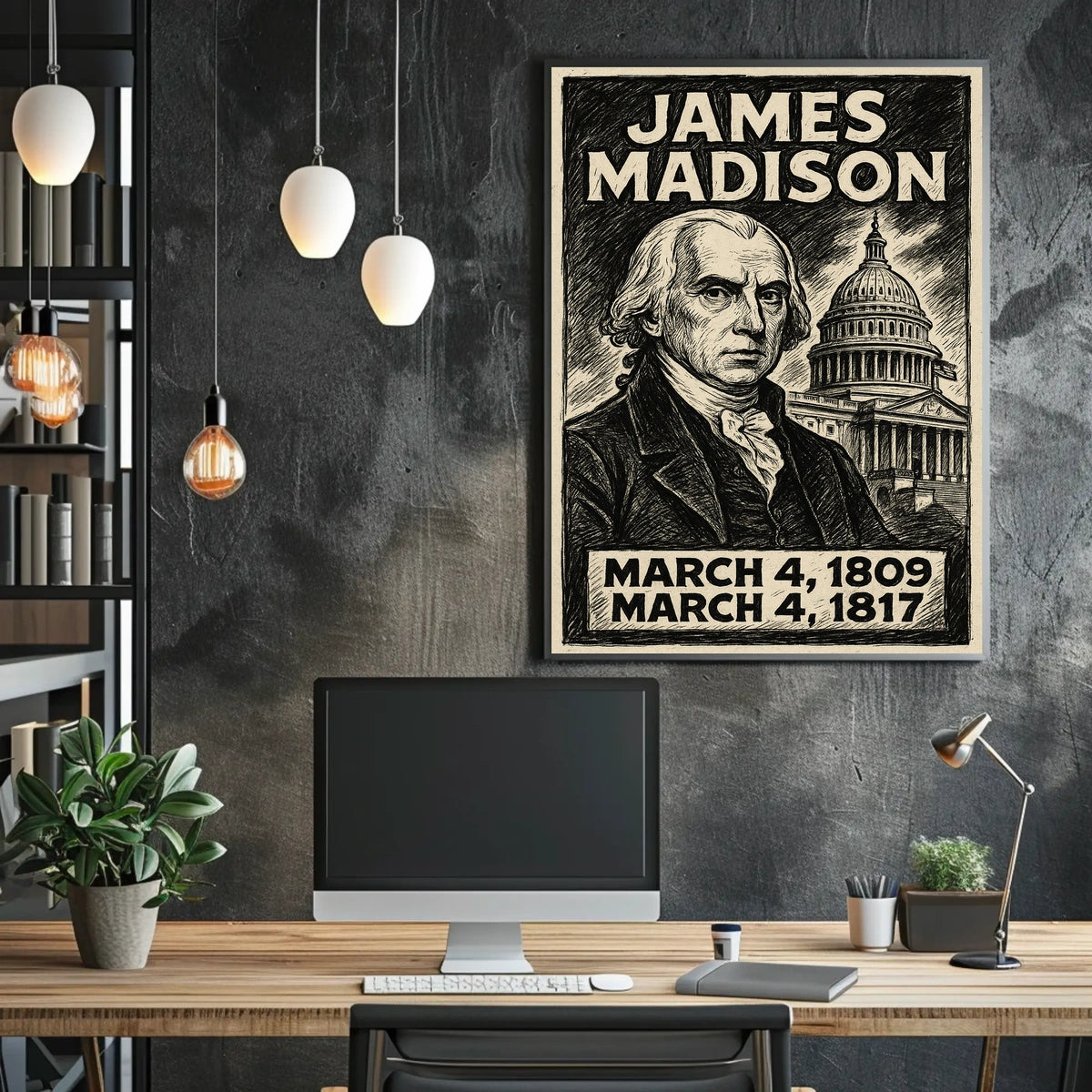 James Madison 4th President of the United States B & W Comic Sketch Poster