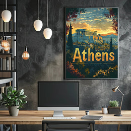 Athens Parthenon Sunset Vintage Travel Poster