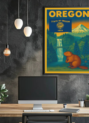 Vintage Oregon Travel Poster Featuring Iconic Natural Landmarks