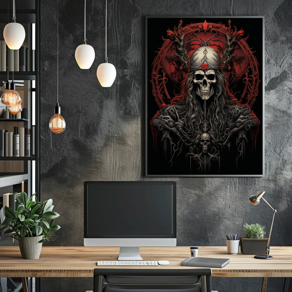 Gothic Skull Fantasy Art Poster with Red Rose